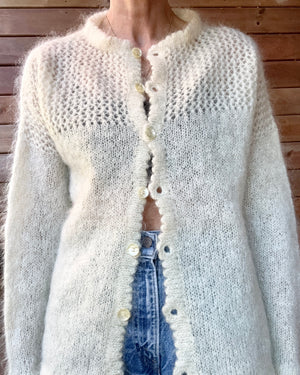 Vintage Handknit Cream Mohair Pointelle Crochet Cardigan Sweater M