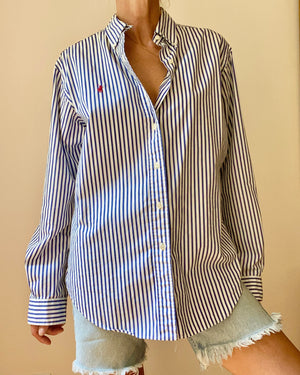 Vintage Ralph Lauren Blue and White Stripe Button Down Shirt L