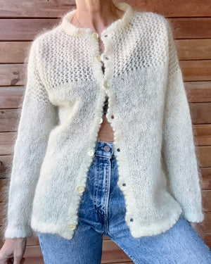 Vintage Handknit Cream Mohair Pointelle Crochet Cardigan Sweater M