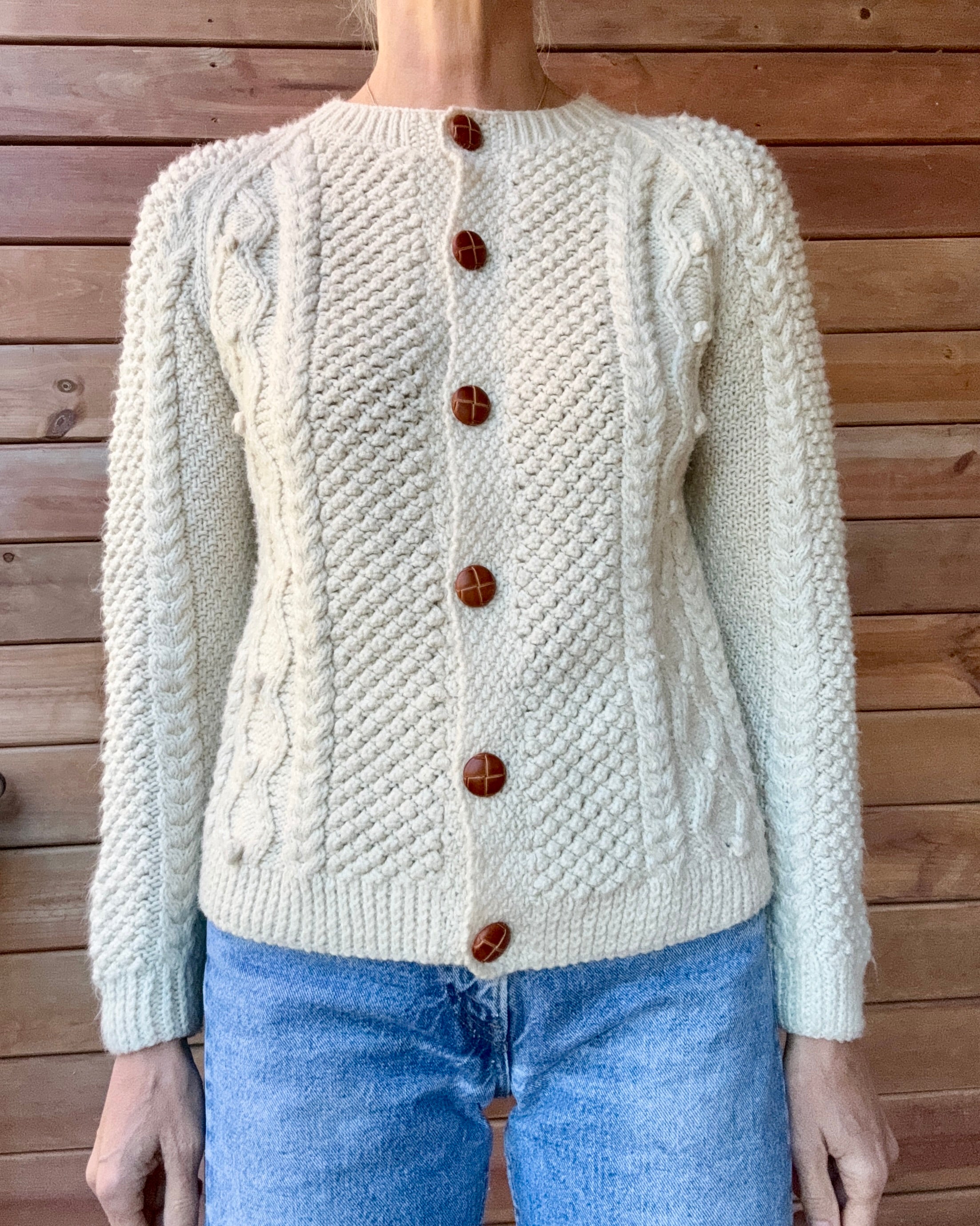 Vintage Handknit Fisherman Cream Cable Cardigan Sweater S SM