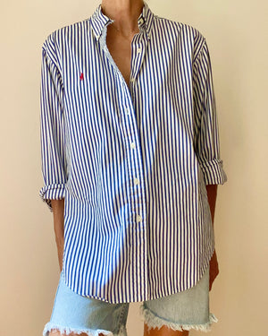 Vintage Ralph Lauren Blue and White Stripe Button Down Shirt L