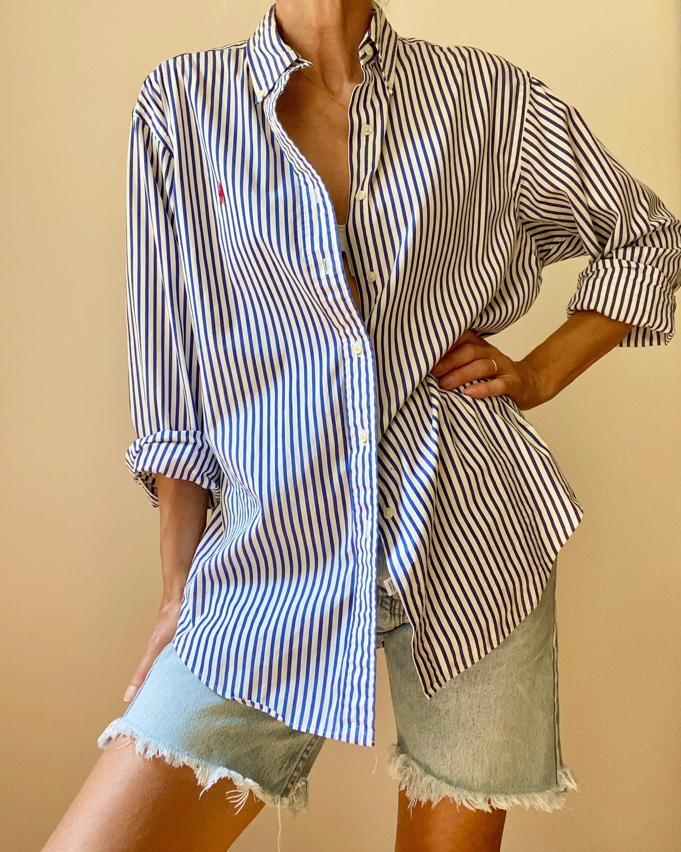 Vintage Ralph Lauren Blue and White Stripe Button Down Shirt L