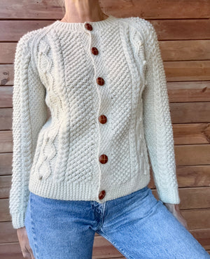 Vintage Handknit Fisherman Cream Cable Cardigan Sweater S SM