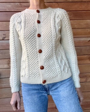 Vintage Handknit Fisherman Cream Cable Cardigan Sweater S SM