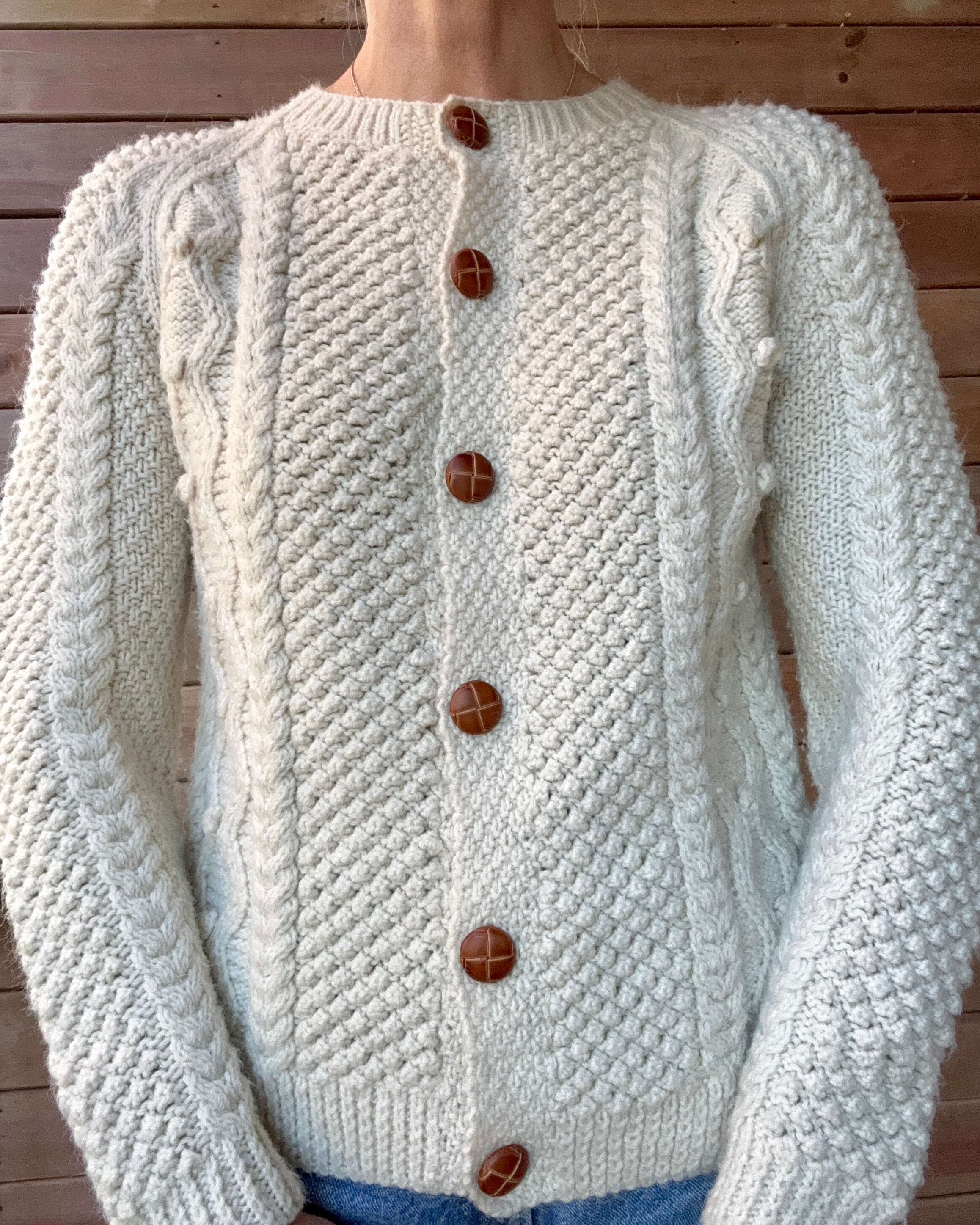 Vintage Handknit Fisherman Cream Cable Cardigan Sweater S SM