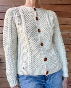 Vintage Handknit Fisherman Cream Cable Cardigan Sweater S SM