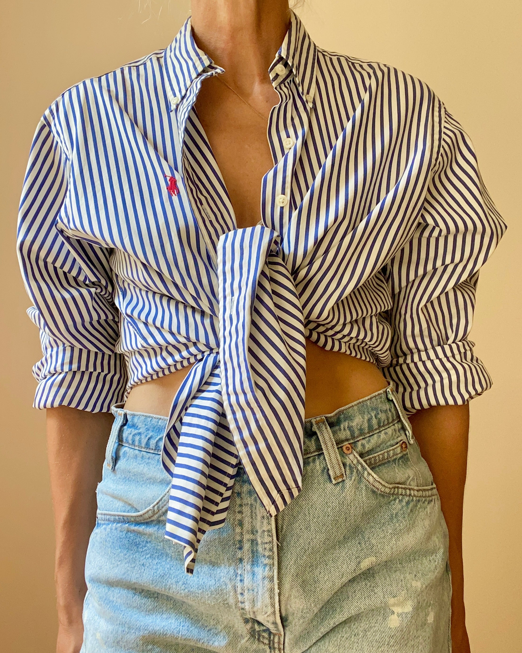 Vintage Ralph Lauren Blue and White Stripe Button Down Shirt L