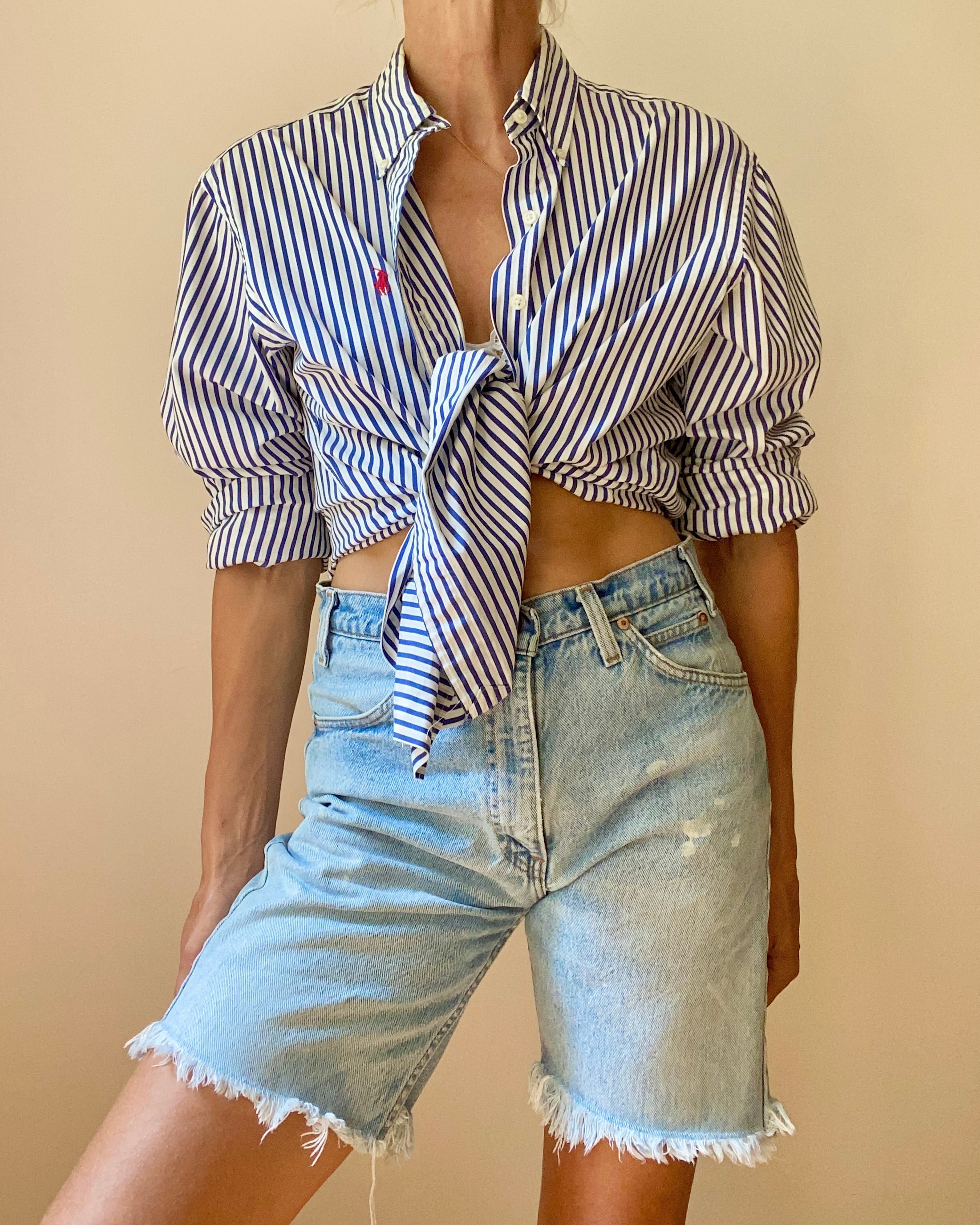 Vintage Ralph Lauren Blue and White Stripe Button Down Shirt L