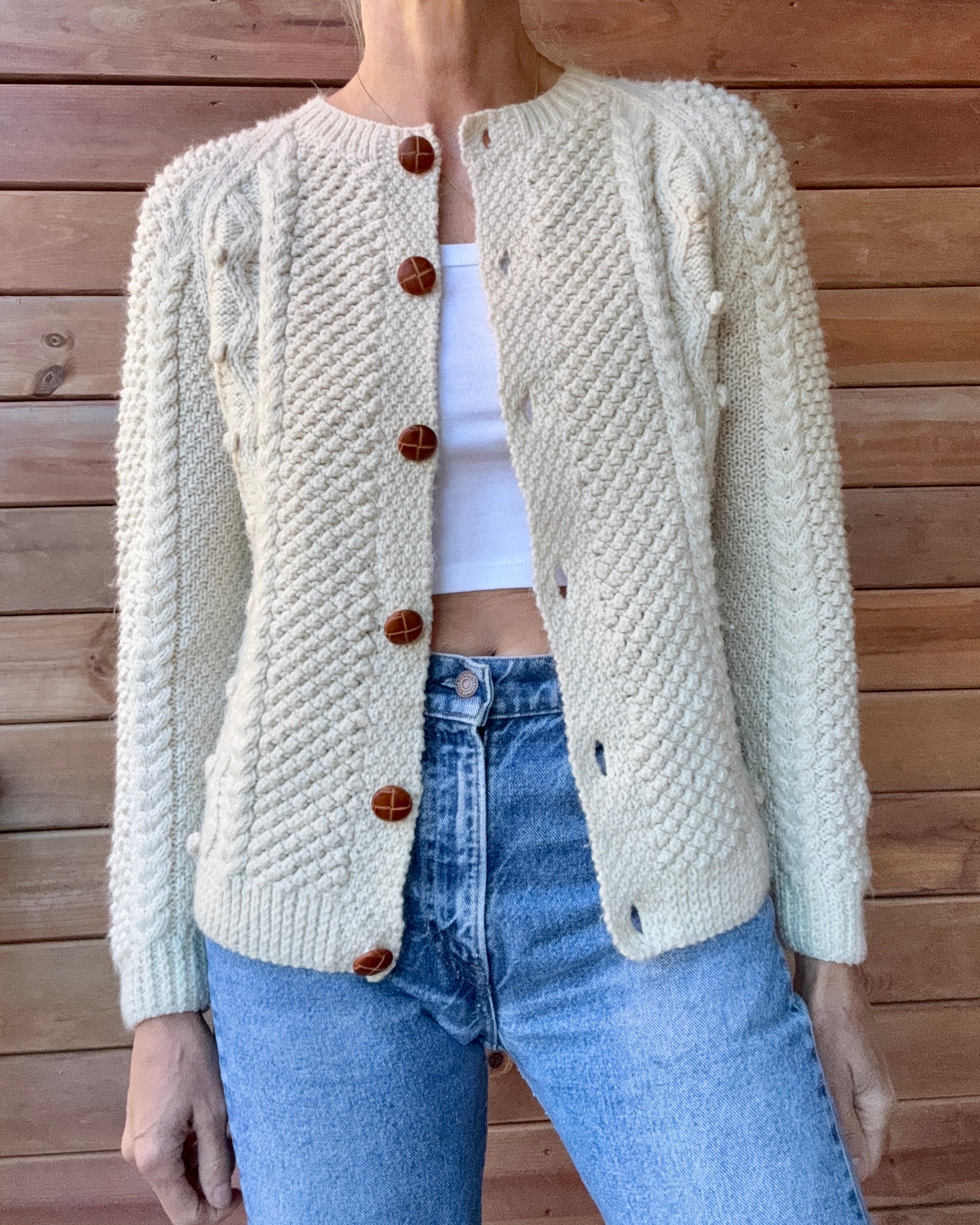 Vintage Handknit Fisherman Cream Cable Cardigan Sweater S SM