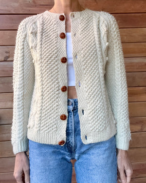 Vintage Handknit Fisherman Cream Cable Cardigan Sweater S SM