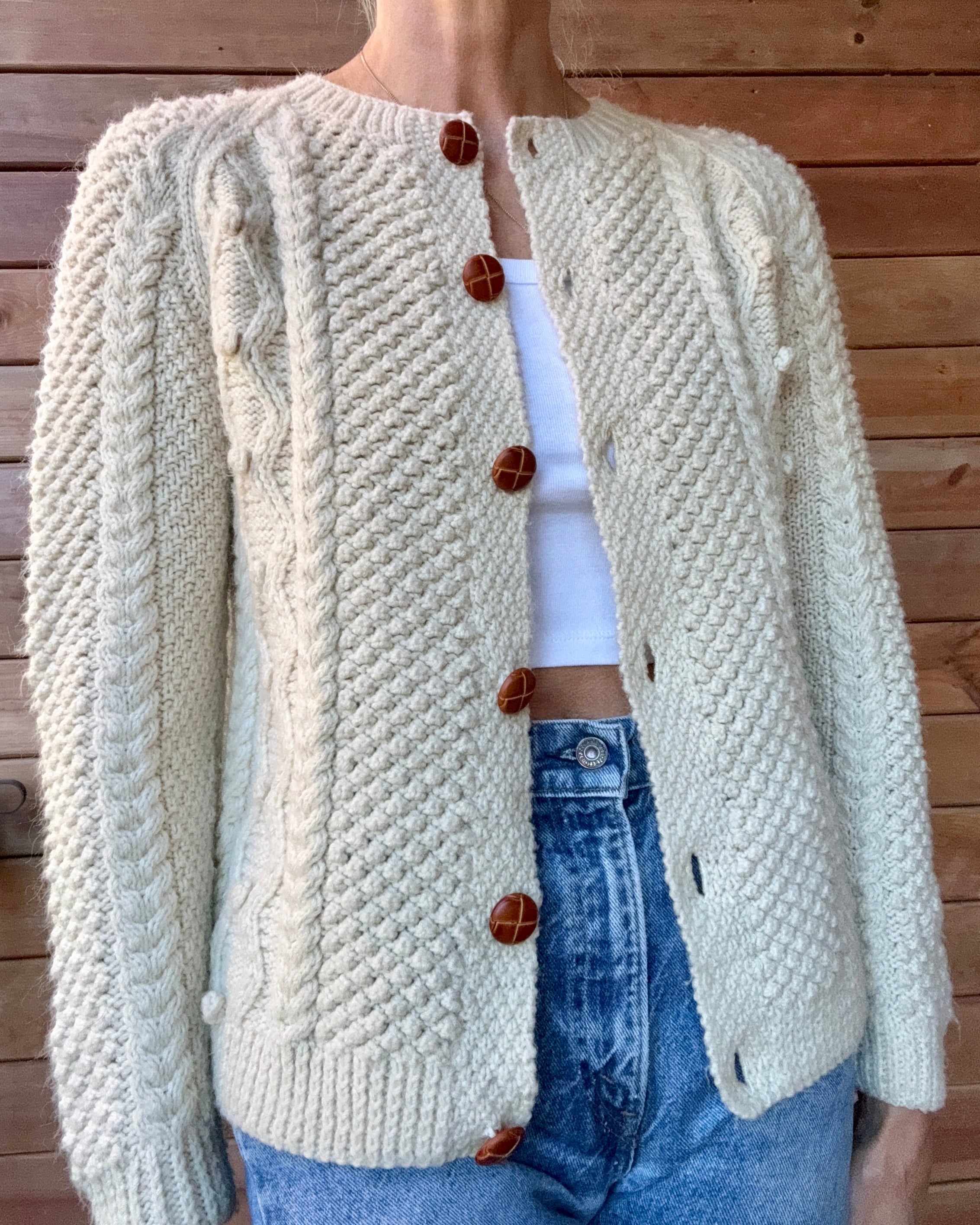 Vintage Handknit Fisherman Cream Cable Cardigan Sweater S SM