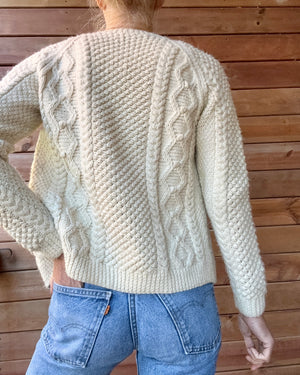 Vintage Handknit Fisherman Cream Cable Cardigan Sweater S SM