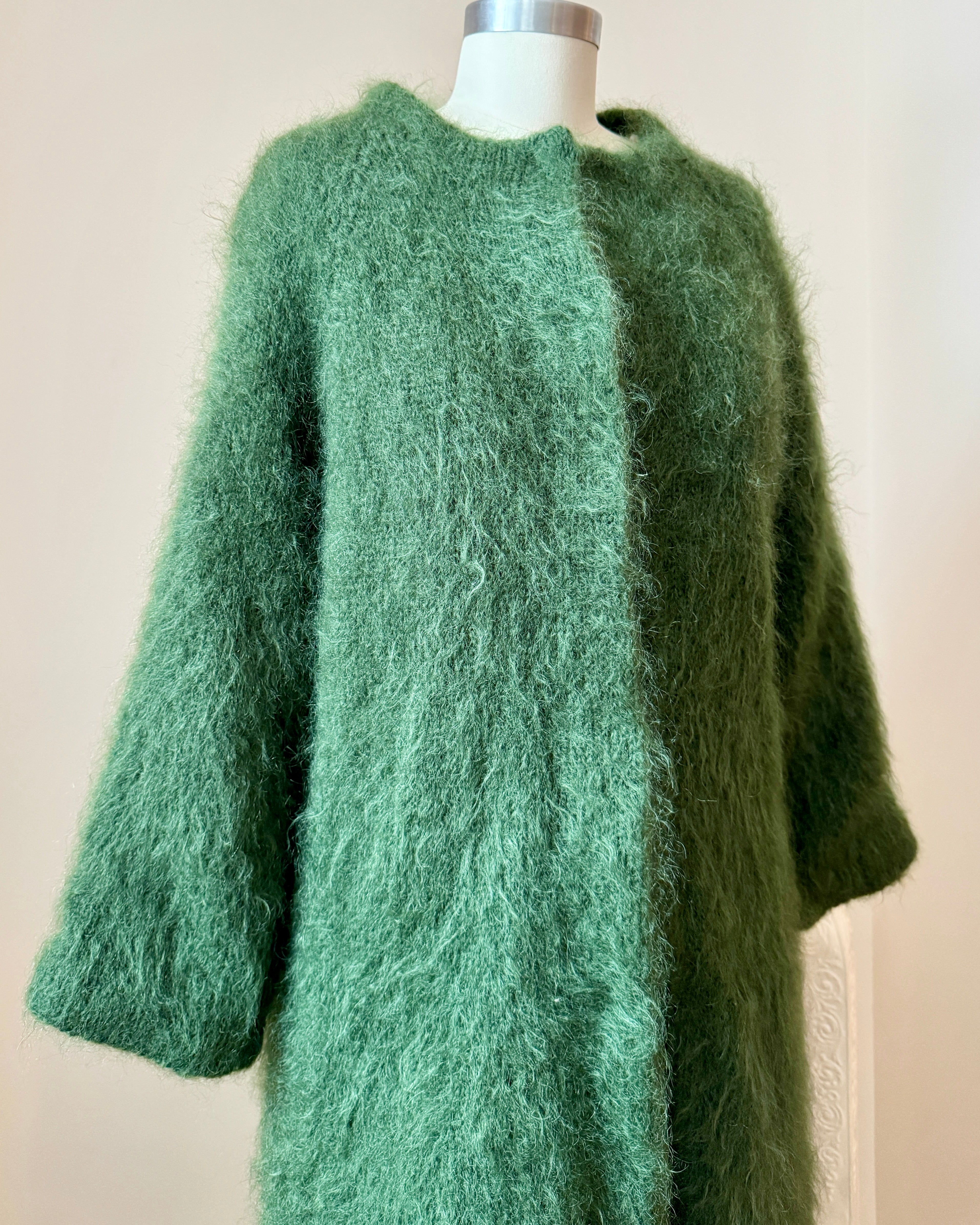 Vintage 1950s 1960s Hand Knit Green Mohair Crew Neck Sweater Cardigan Coat with Bell Sleeves and Satin Lining S M