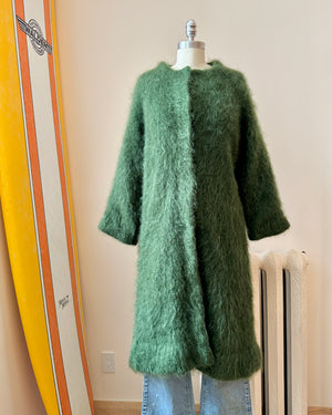 Vintage 1950s 1960s Hand Knit Green Mohair Crew Neck Sweater Cardigan Coat with Bell Sleeves and Satin Lining S M