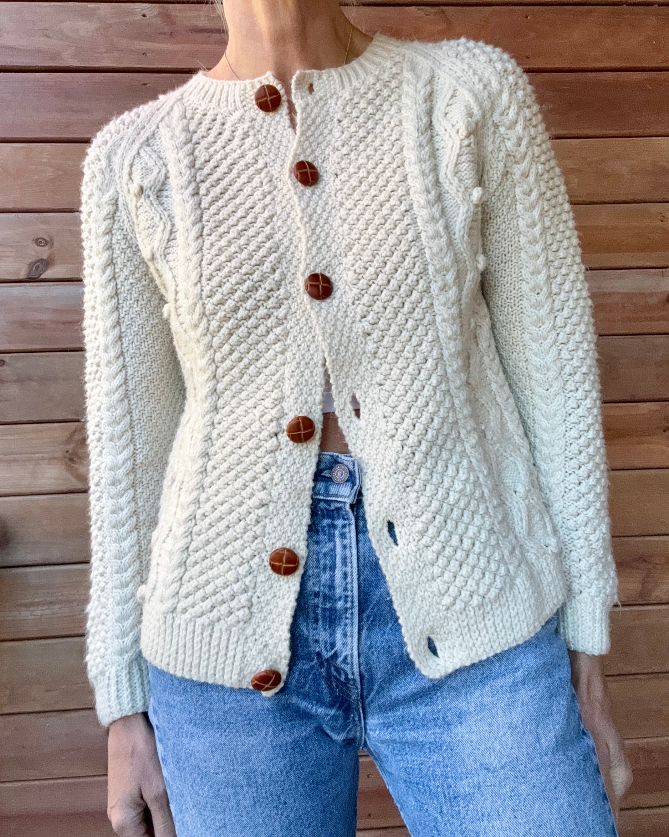 Vintage Handknit Fisherman Cream Cable Cardigan Sweater S SM