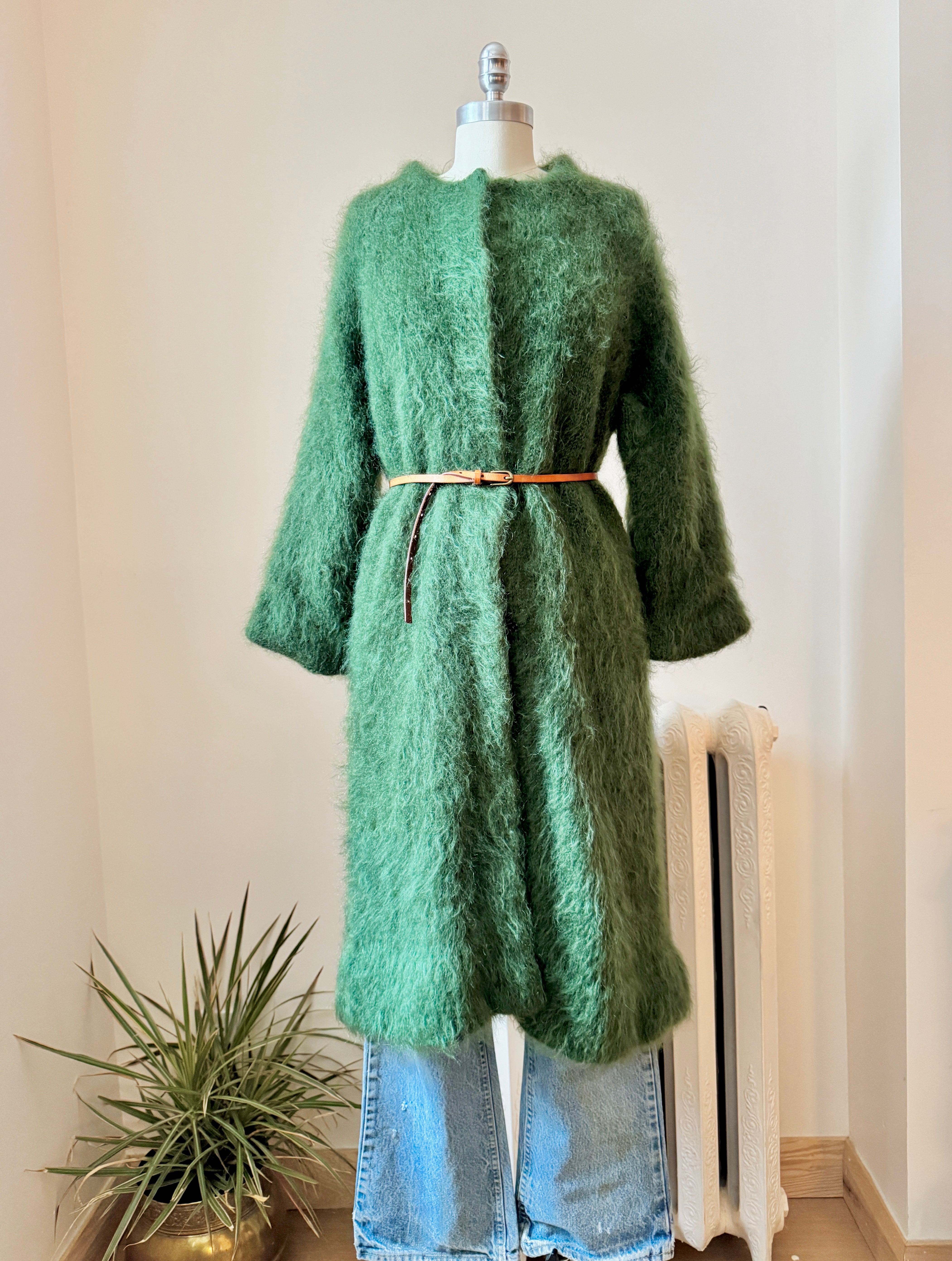 Vintage 1950s 1960s Hand Knit Green Mohair Crew Neck Sweater Cardigan Coat with Bell Sleeves and Satin Lining S M