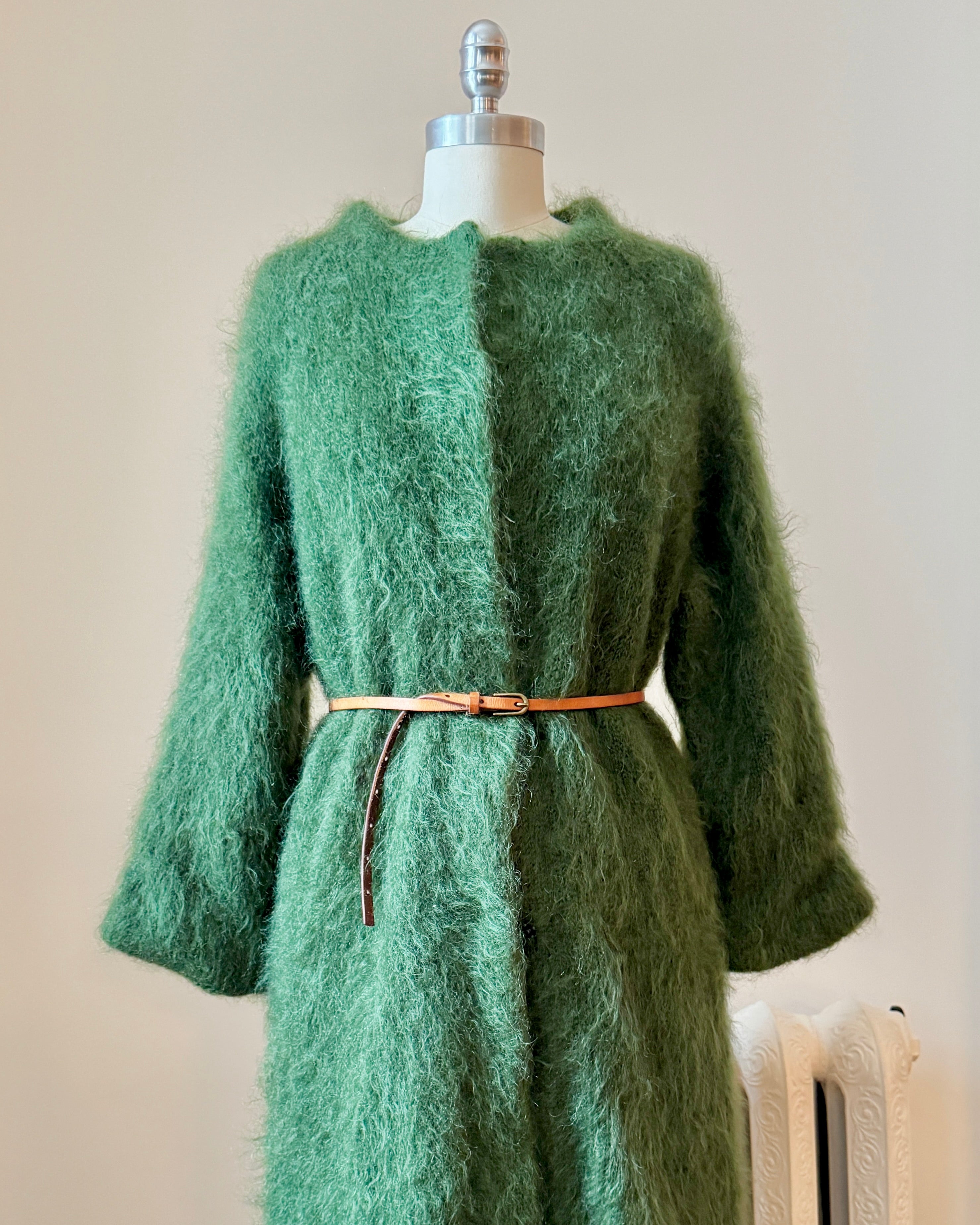 Vintage 1950s 1960s Hand Knit Green Mohair Crew Neck Sweater Cardigan Coat with Bell Sleeves and Satin Lining S M