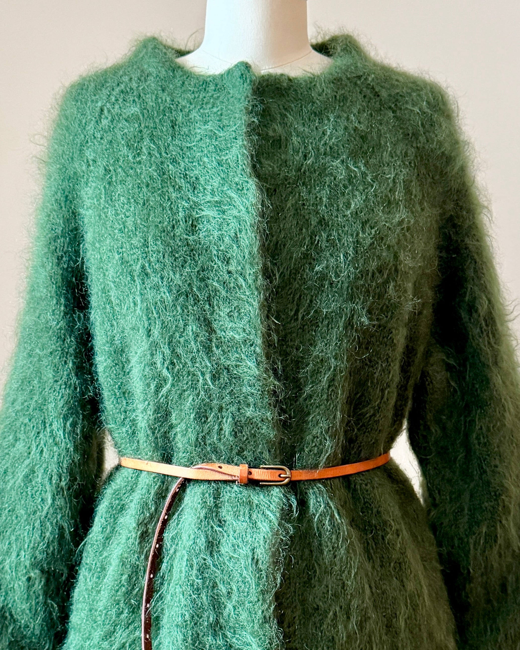 Vintage 1950s 1960s Hand Knit Green Mohair Crew Neck Sweater Cardigan Coat with Bell Sleeves and Satin Lining S M