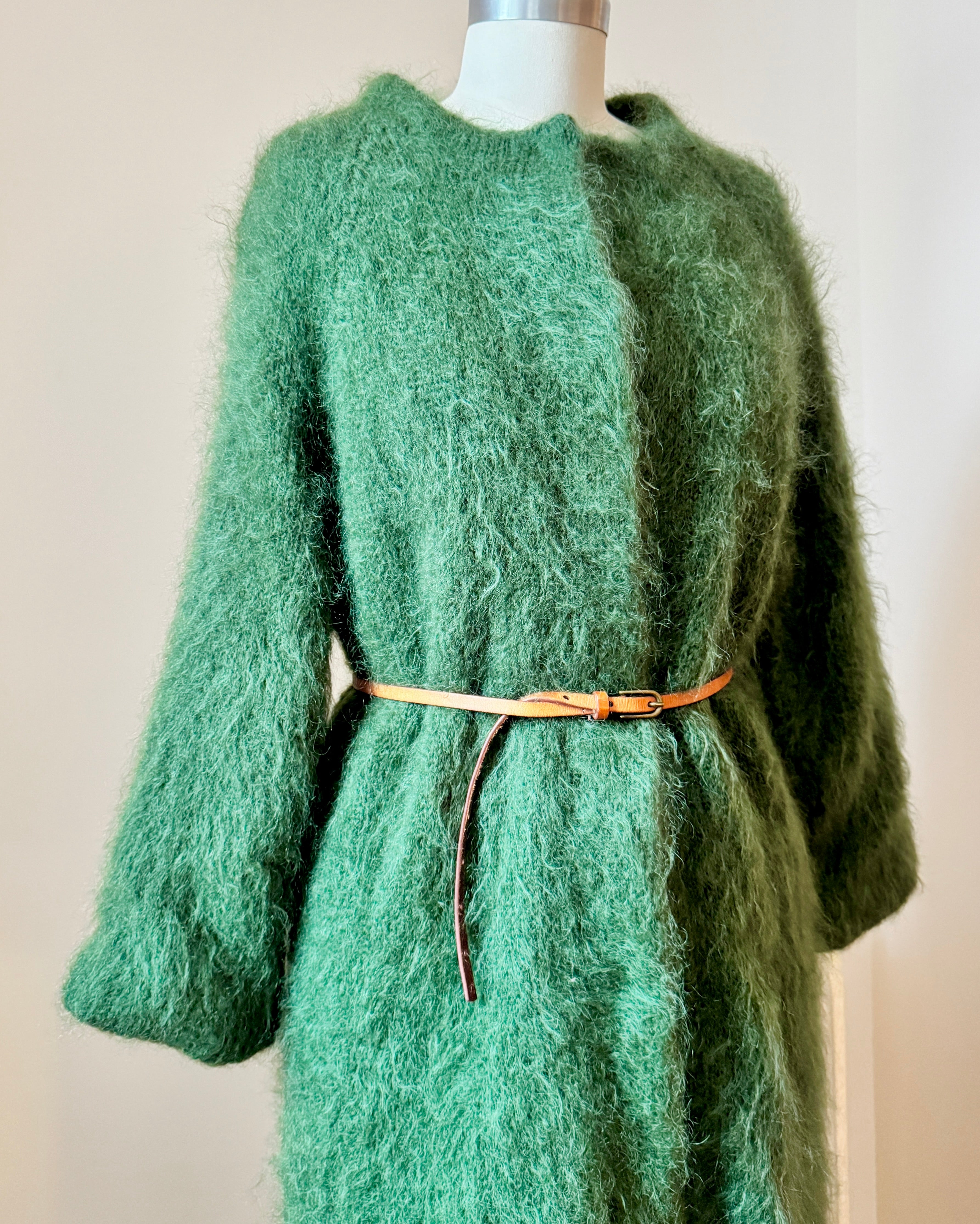 Vintage 1950s 1960s Hand Knit Green Mohair Crew Neck Sweater Cardigan Coat with Bell Sleeves and Satin Lining S M