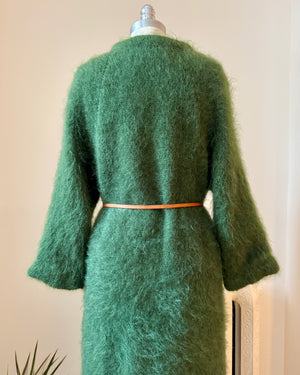 Vintage 1950s 1960s Hand Knit Green Mohair Crew Neck Sweater Cardigan Coat with Bell Sleeves and Satin Lining S M