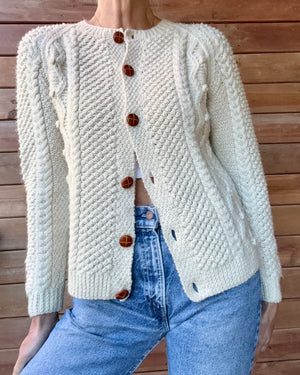 Vintage Handknit Fisherman Cream Cable Cardigan Sweater S SM