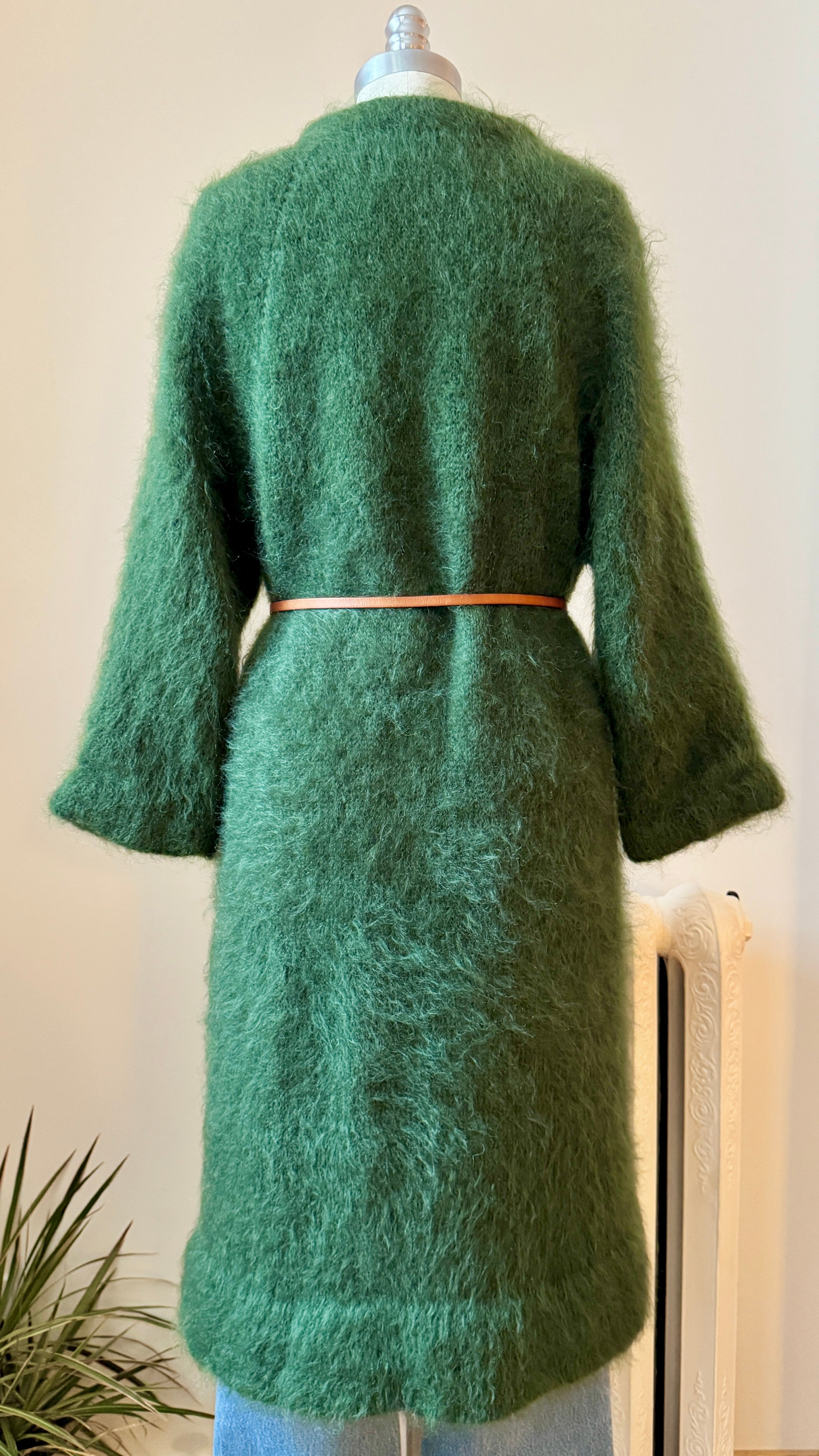 Vintage 1950s 1960s Hand Knit Green Mohair Crew Neck Sweater Cardigan Coat with Bell Sleeves and Satin Lining S M