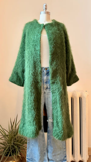 Vintage 1950s 1960s Hand Knit Green Mohair Crew Neck Sweater Cardigan Coat with Bell Sleeves and Satin Lining S M