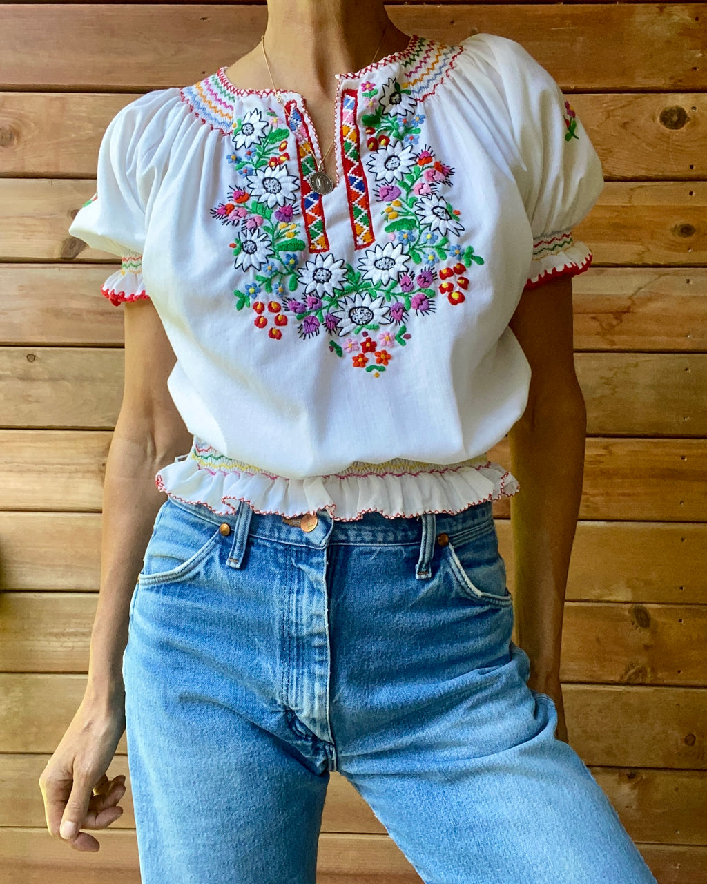 Vintage Hungarian White Cotton Floral Embroidered Smocked Peasant Top Blouse M