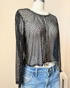 Vintage 1990s Party Black Mesh Beaded Crop Cardigan 4 S SM