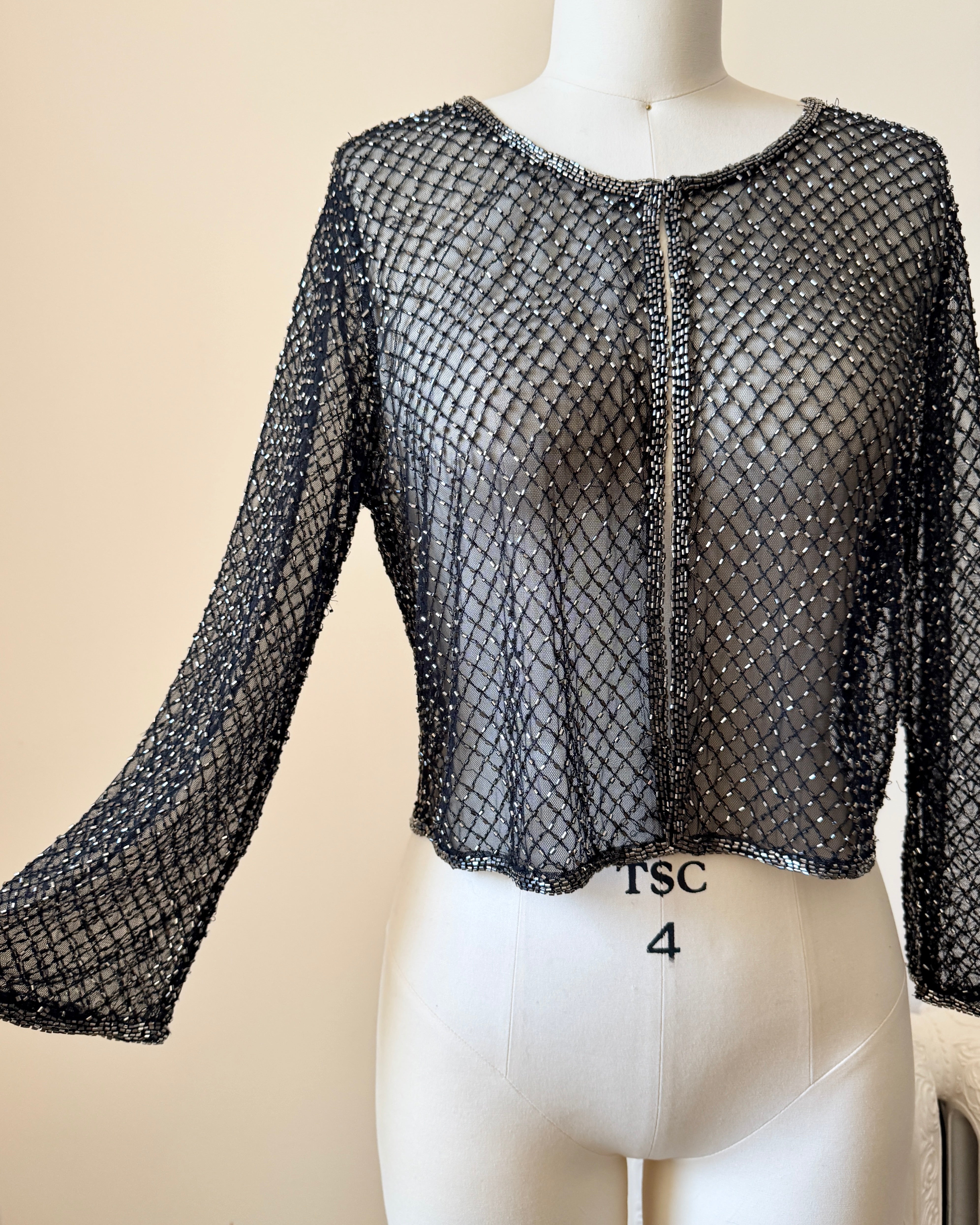 Vintage 1990s Party Black Mesh Beaded Crop Cardigan 4 S SM