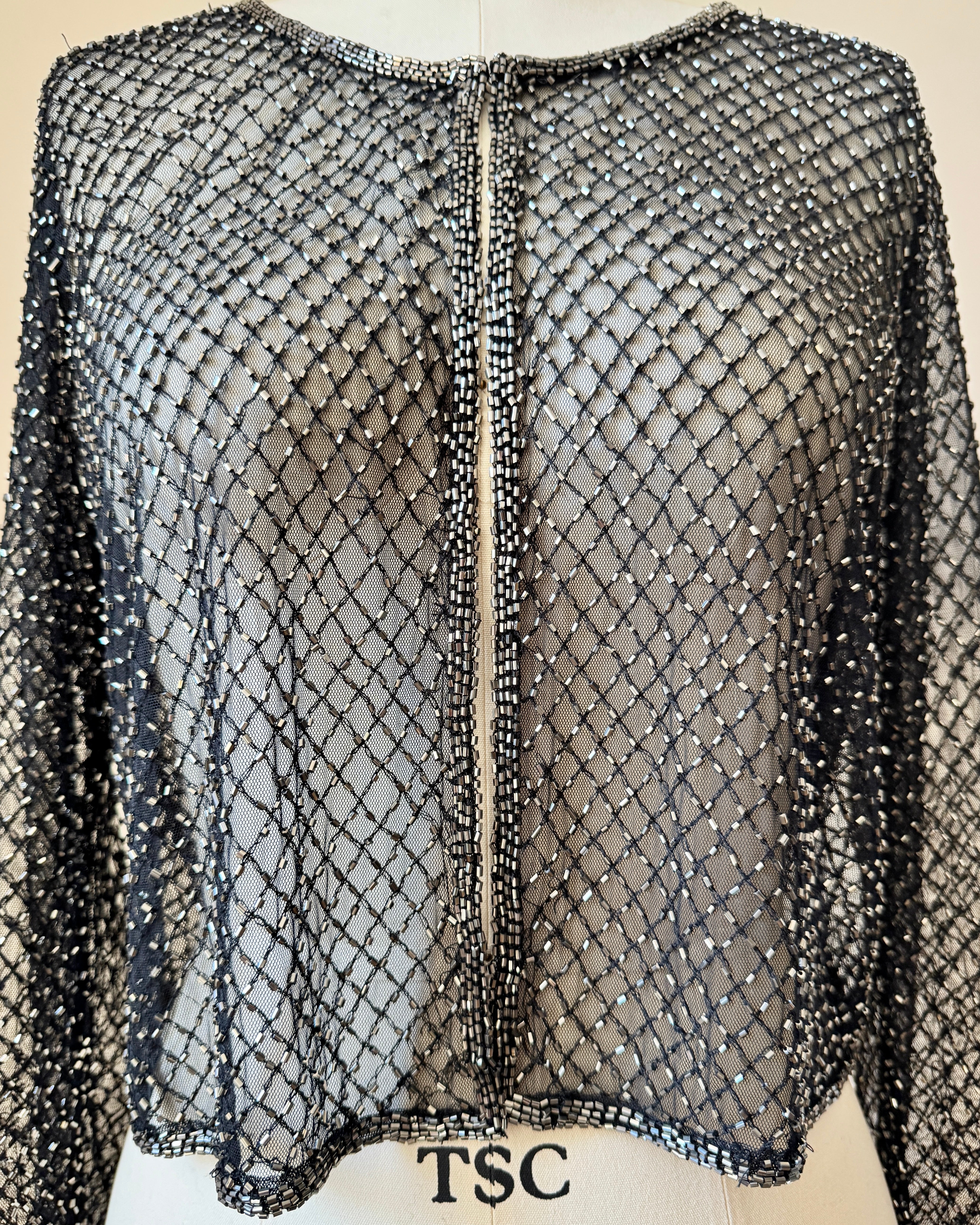 Vintage 1990s Party Black Mesh Beaded Crop Cardigan 4 S SM