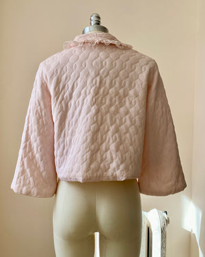 Vintage 1950s Nanette Pink Quilted Bed Jacket with Double Lace collar and Bell Sleeves