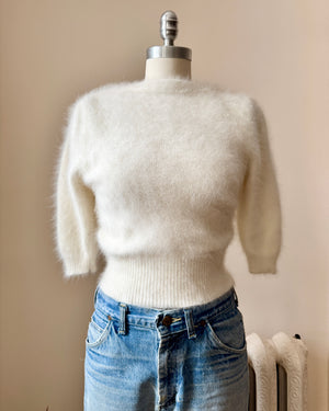 Vintage ORLY PARIS Ivory Long Angora with Gathered sleeves and Crop Waisted Sweater XS S