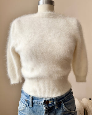 Vintage ORLY PARIS Ivory Long Angora with Gathered sleeves and Crop Waisted Sweater XS S