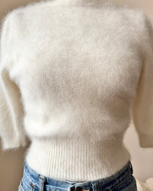 Vintage ORLY PARIS Ivory Long Angora with Gathered sleeves and Crop Waisted Sweater XS S