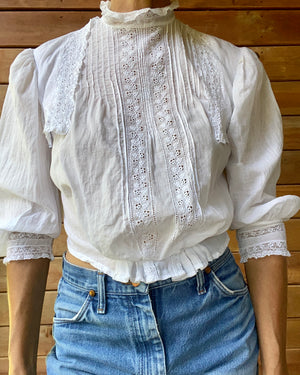 Antique Edwardian White Cotton Lace and Pintuck Blouse