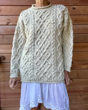 Vintage PAUL JAMES Handknit Oatmeal Aran Cable Fisherman Sweater M L