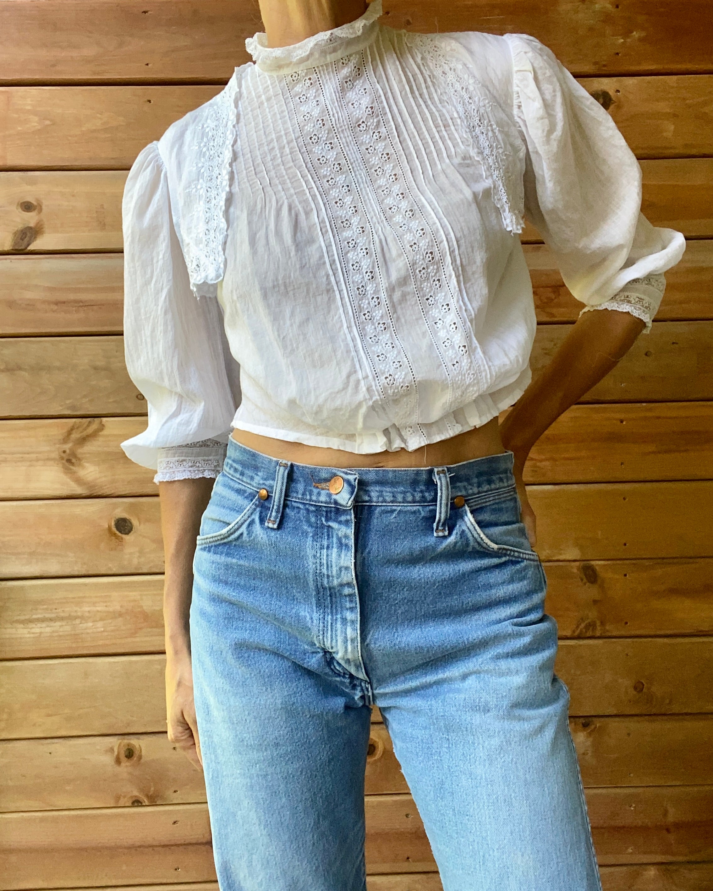 Antique Edwardian White Cotton Lace and Pintuck Blouse