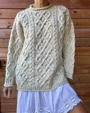 Vintage PAUL JAMES Handknit Oatmeal Aran Cable Fisherman Sweater M L