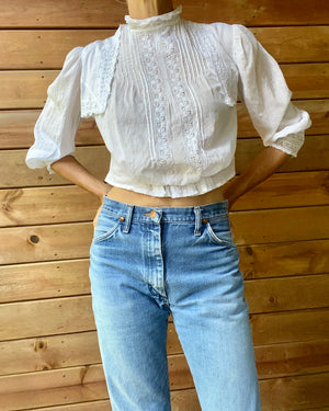 Antique Edwardian White Cotton Lace and Pintuck Blouse