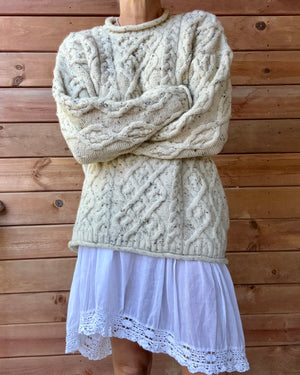 Vintage PAUL JAMES Handknit Oatmeal Aran Cable Fisherman Sweater M L