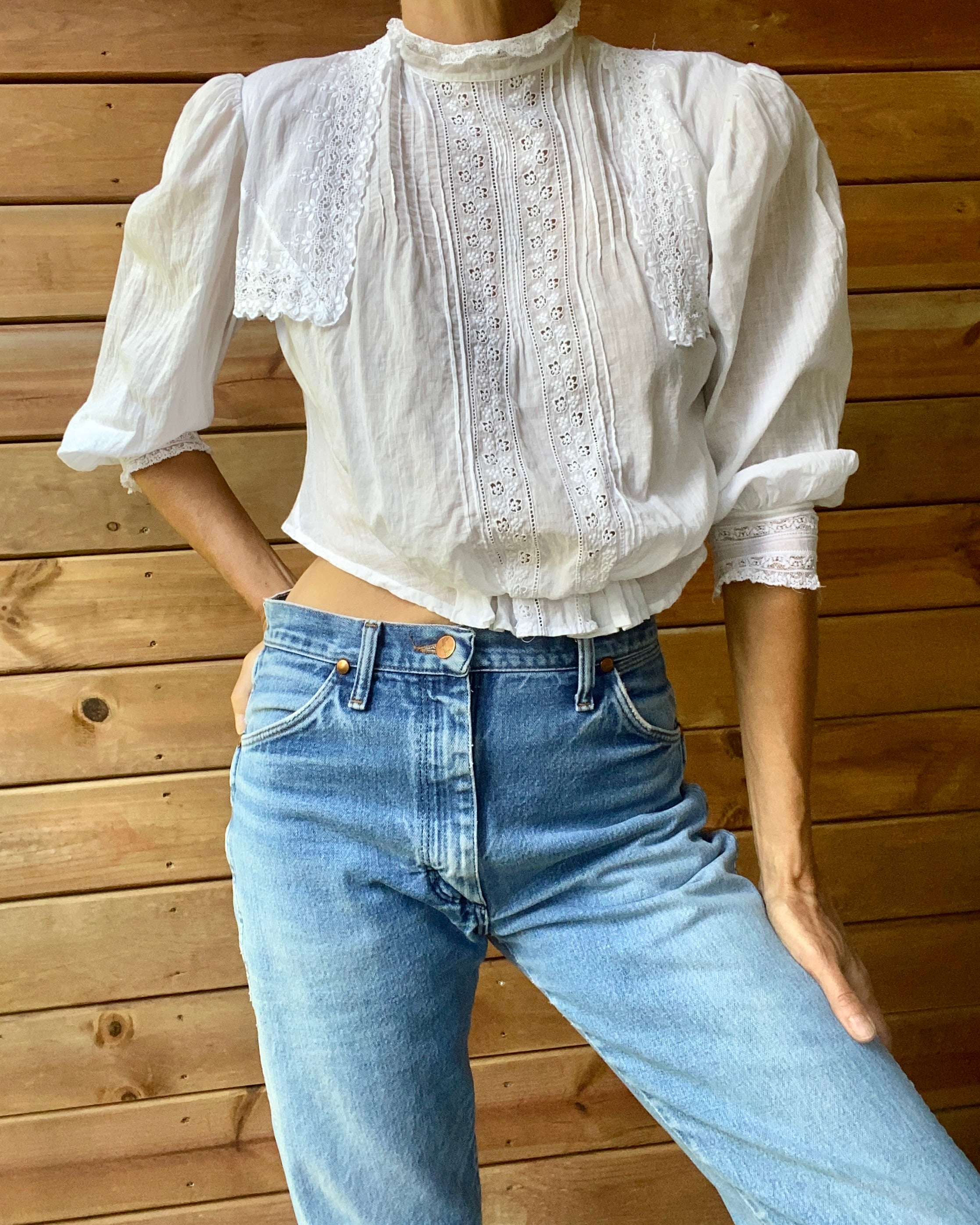 Antique Edwardian White Cotton Lace and Pintuck Blouse