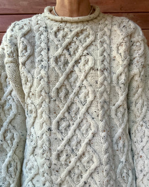 Vintage PAUL JAMES Handknit Oatmeal Aran Cable Fisherman Sweater M L