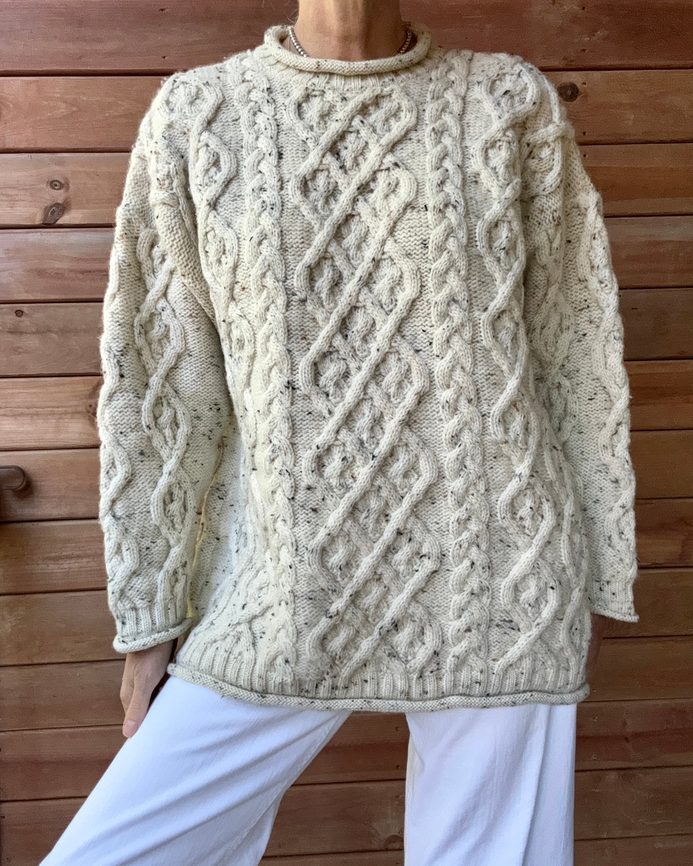 Vintage PAUL JAMES Handknit Oatmeal Aran Cable Fisherman Sweater M L