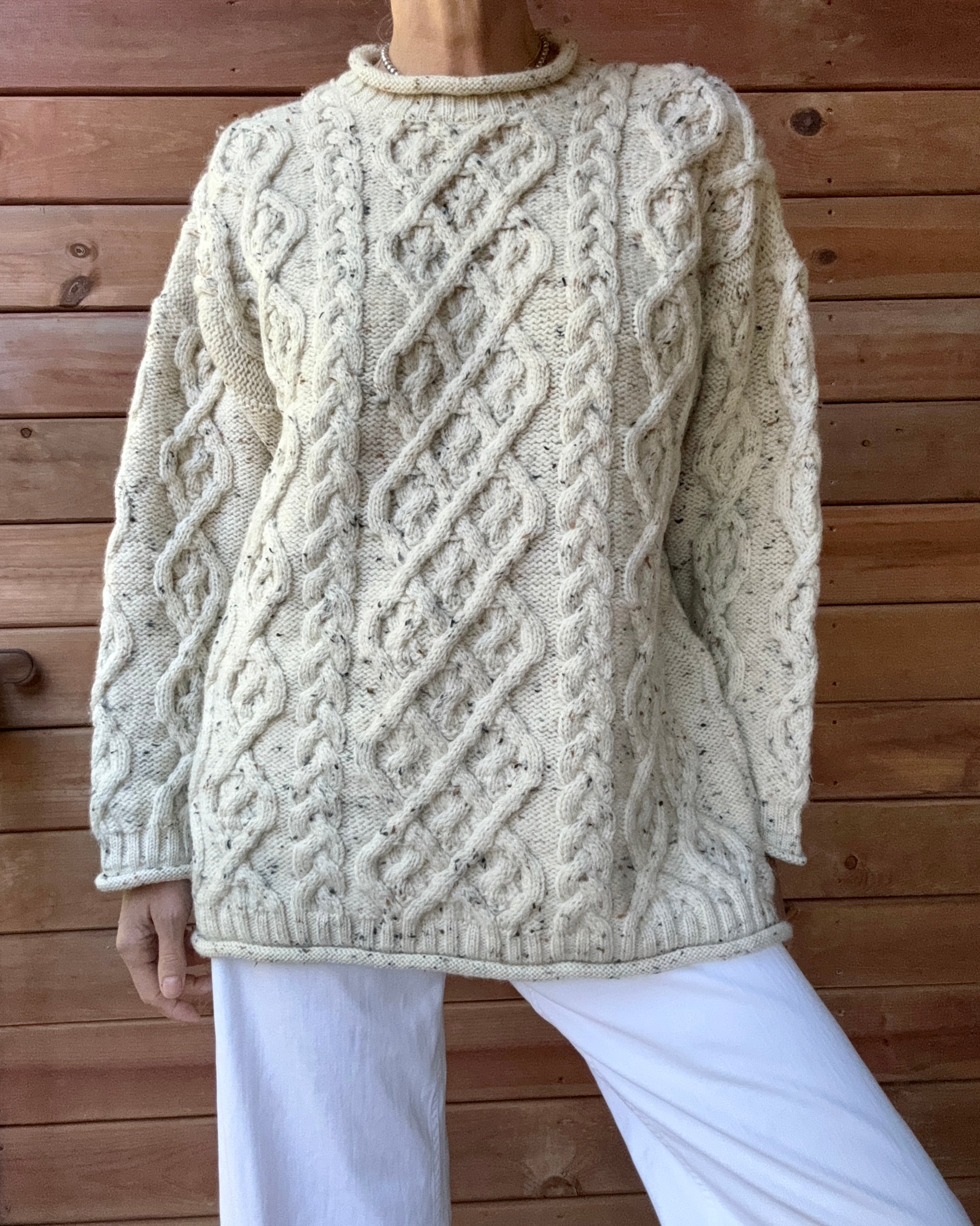 Vintage PAUL JAMES Handknit Oatmeal Aran Cable Fisherman Sweater M L