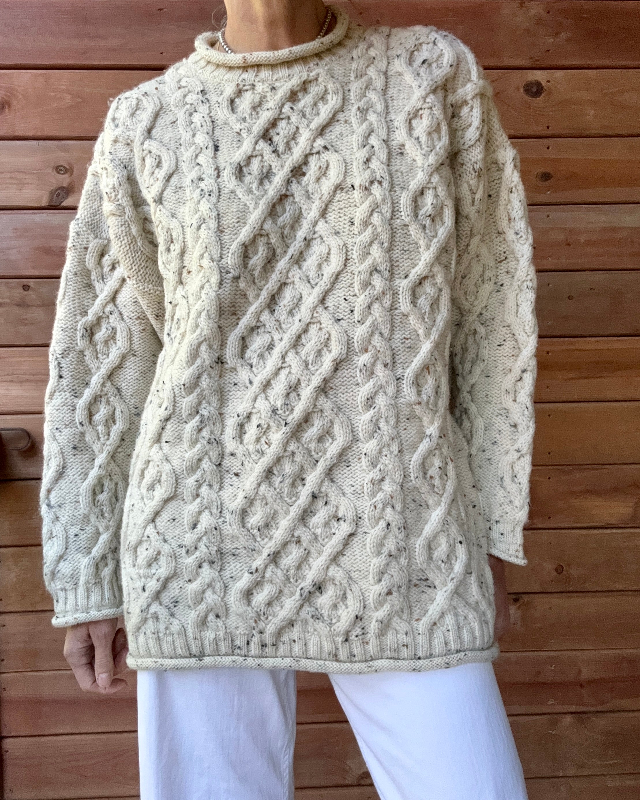 Vintage PAUL JAMES Handknit Oatmeal Aran Cable Fisherman Sweater M L