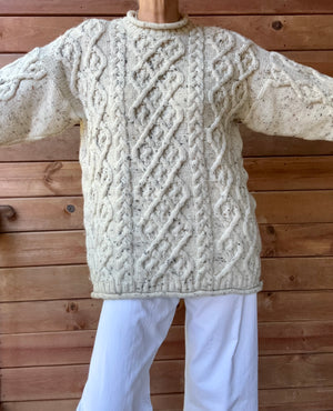 Vintage PAUL JAMES Handknit Oatmeal Aran Cable Fisherman Sweater M L