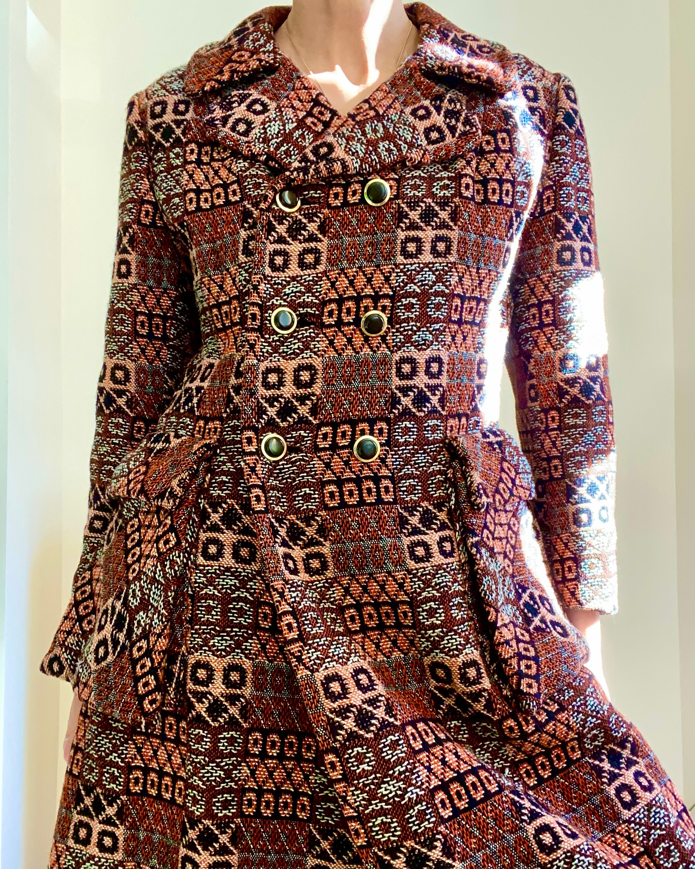 Vintage 1960s Wool Tapestry Double Breasted with Geometric Pattern Coat