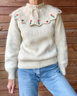 Vintage Handknit Tyrolean Style Bib Collar with floral Embroidery Wool and Mohair Cream Sweater M