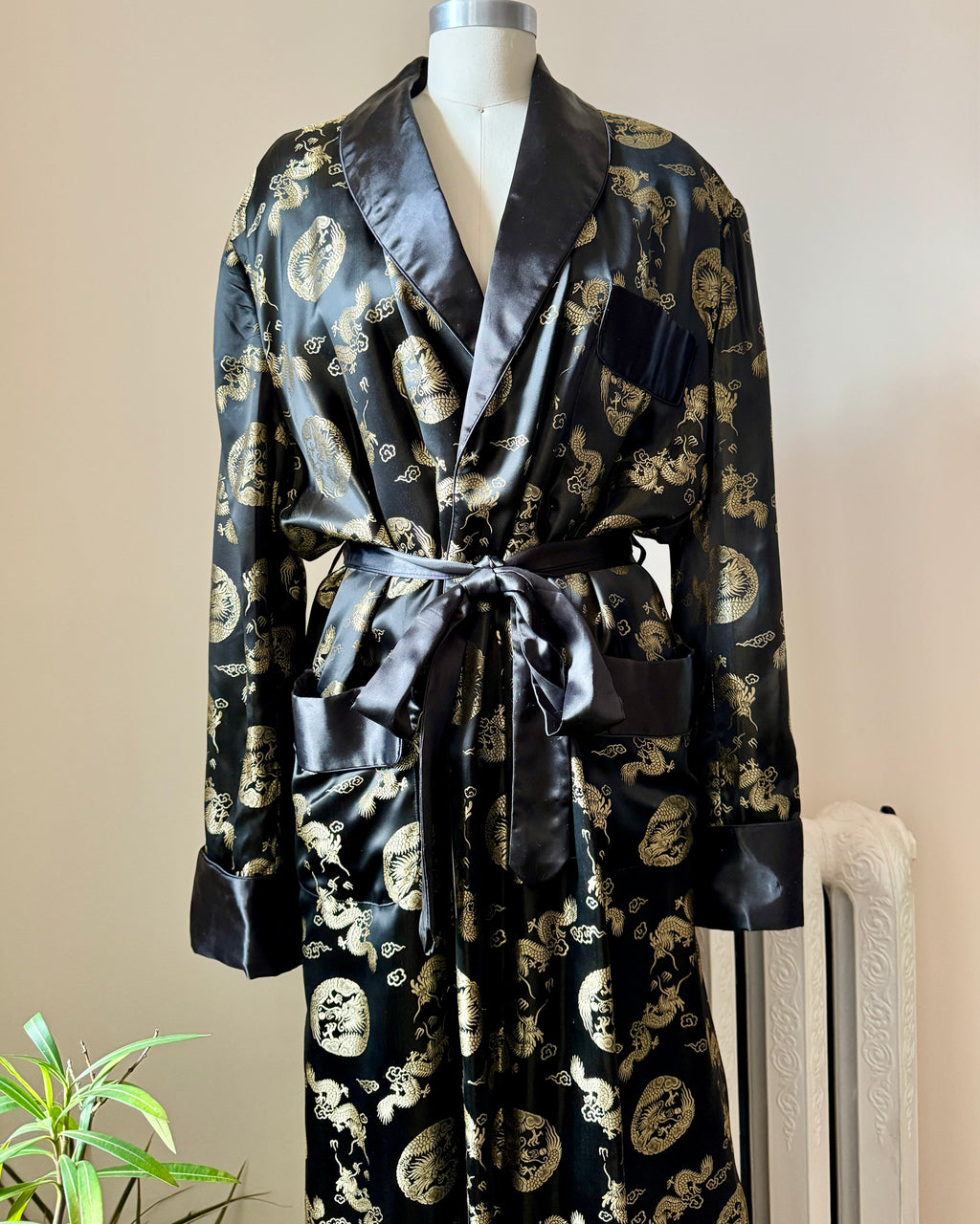 Vintage 1970s Solz Squirrel Black Satin Chinese Robe with Gold Dragon Brocade, Shawl Collar, and Sash Tie Belt